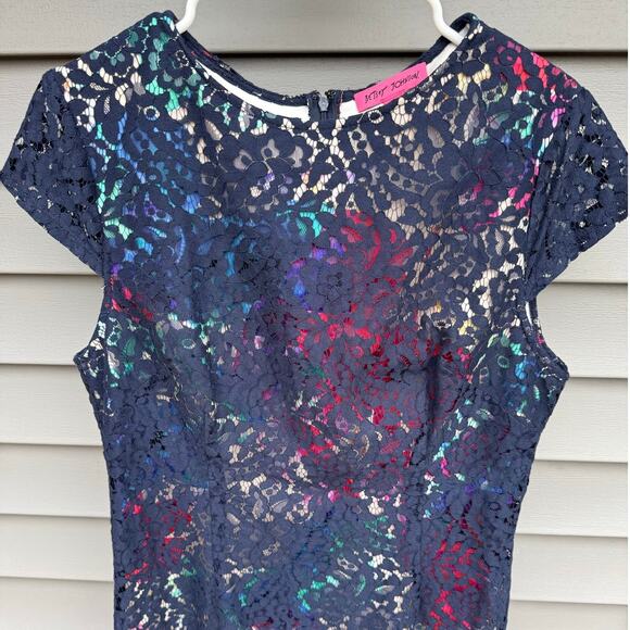 Betsey Johnson size 14 Navy Lace Overlay Floral Sheath Dress - Picture 3 of 13